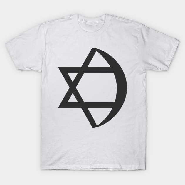 Combination of Star of David with Crescent religious symbols in black flat design icon T-Shirt by wavemovies